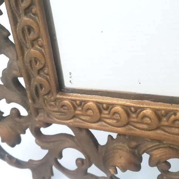 Vintage Ornate Metal Table-Top Vanity Mirror Fold Over Back Stand 16"