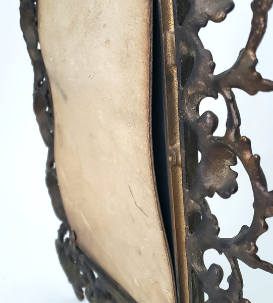 Vintage Ornate Metal Table-Top Vanity Mirror Fold Over Back Stand 16"