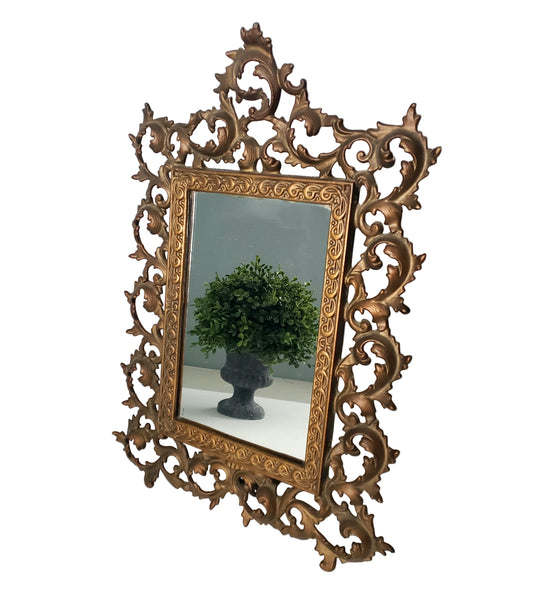 Vintage Ornate Metal Table-Top Vanity Mirror Fold Over Back Stand 16"