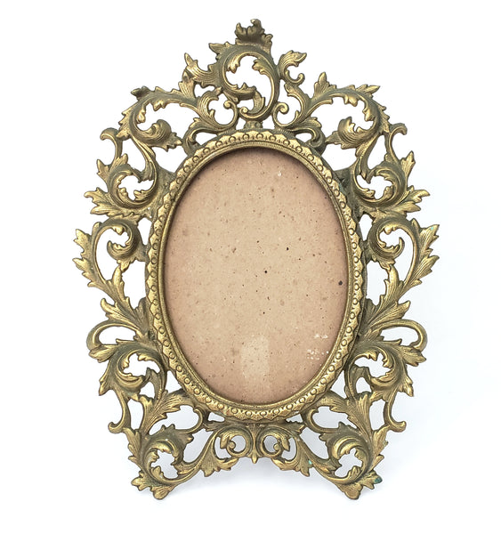 Vintage Ornate Oval Brass Frame with Fold Over Back Stand 12" Rococo Flair