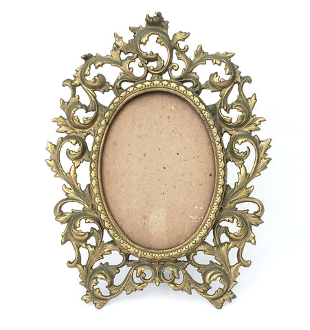 Vintage Ornate Oval Brass Frame with Fold Over Back Stand 12" Rococo Flair