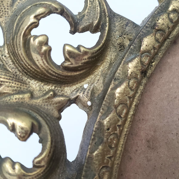 Vintage Ornate Oval Brass Frame with Fold Over Back Stand Rococo Flair