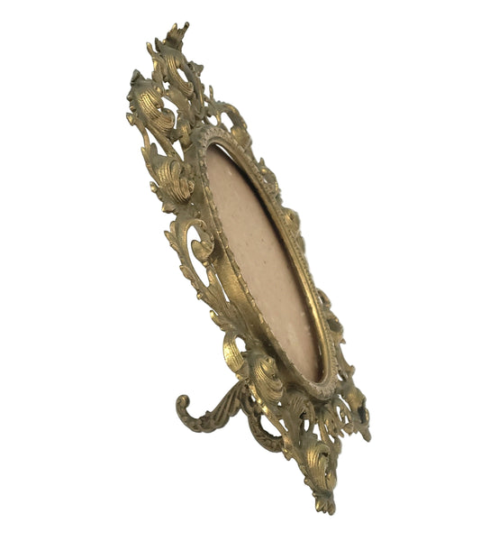 Vintage Ornate Oval Brass Frame with Fold Over Back Stand Rococo Flair