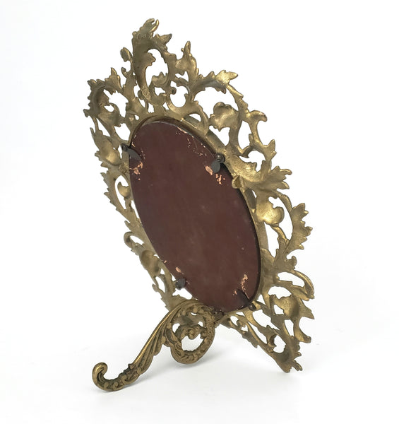 Vintage Ornate Oval Brass Frame with Fold Over Back Stand Rococo Flair