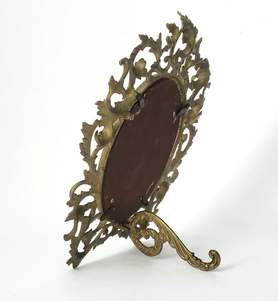 Vintage Ornate Oval Brass Frame with Fold Over Back Stand Rococo Flair