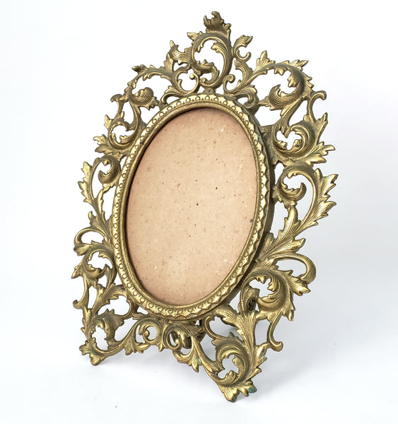 Vintage Ornate Oval Brass Frame with Fold Over Back Stand Rococo Flair
