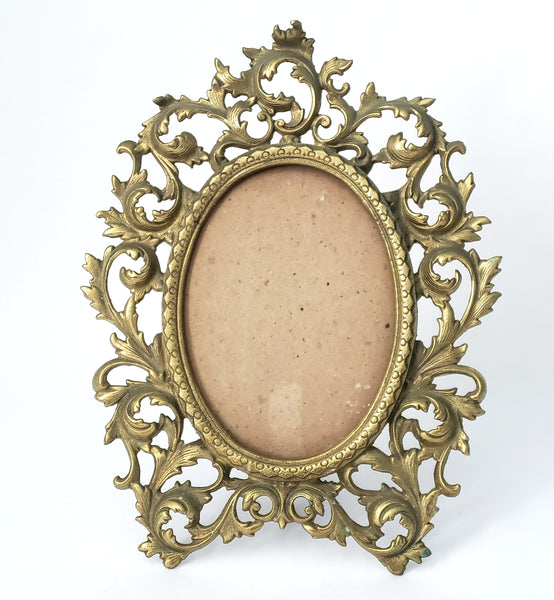 Vintage Ornate Oval Brass Frame with Fold Over Back Stand Rococo Flair