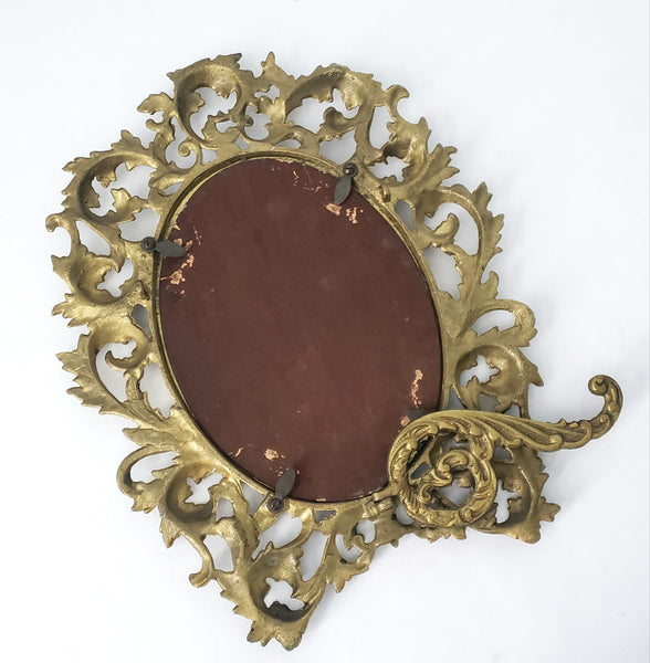 Vintage Ornate Oval Brass Frame with Fold Over Back Stand Rococo Flair