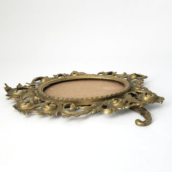 Vintage Ornate Oval Brass Frame with Fold Over Back Stand Rococo Flair