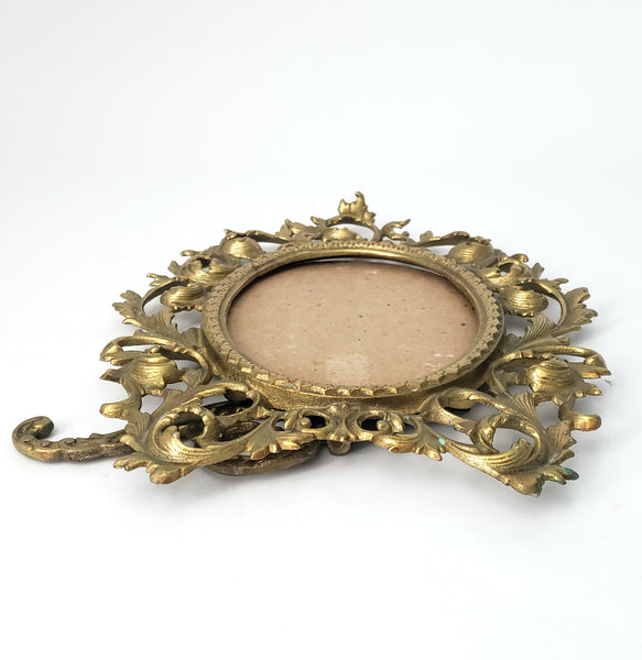 Vintage Ornate Oval Brass Frame with Fold Over Back Stand Rococo Flair