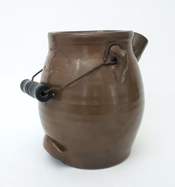 Antique Brown Glazed Stoneware Batter Jug EW Farrington Elmira New York 3 Qt