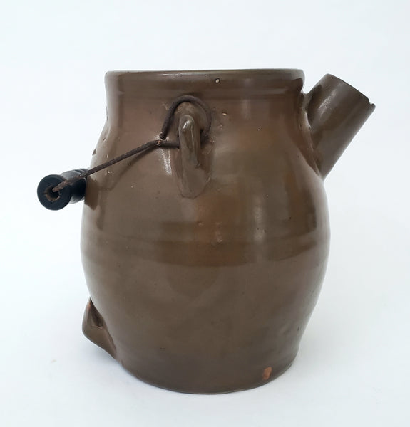Antique Brown Glazed Stoneware Batter Jug EW Farrington Elmira New York 3 Qt