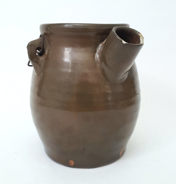 Antique Brown Glazed Stoneware Batter Jug EW Farrington Elmira New York 3 Qt