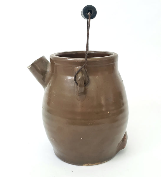 Antique Brown Glazed Stoneware Batter Jug EW Farrington Elmira New York 3 Qt