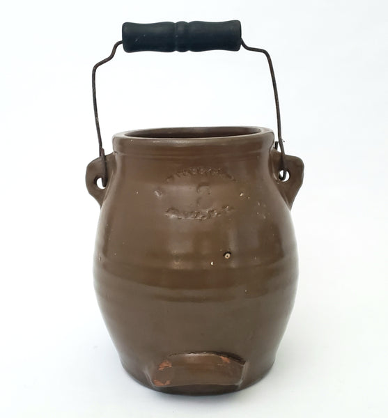 Antique Brown Glazed Stoneware Batter Jug EW Farrington Elmira New York 3 Qt
