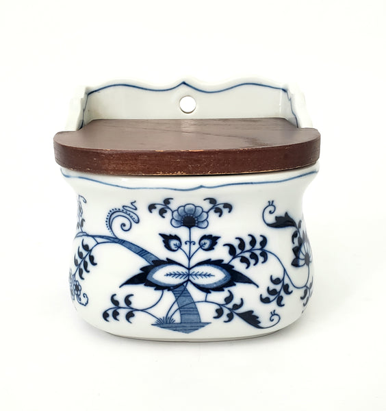 Vintage BLUE DANUBE Porcelain Salt Box Wooden Lid Script Ribbon Banner Mark