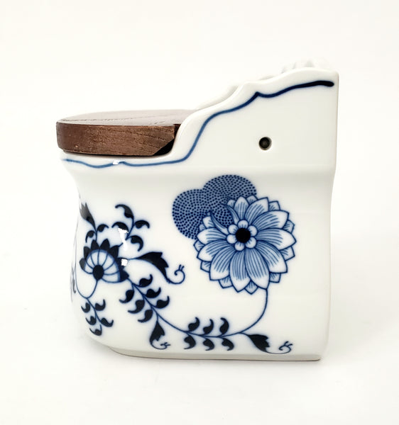 Vintage BLUE DANUBE Porcelain Salt Box Wooden Lid Script Ribbon Banner Mark