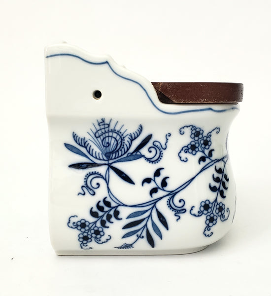 Vintage BLUE DANUBE Porcelain Salt Box Wooden Lid Script Ribbon Banner Mark