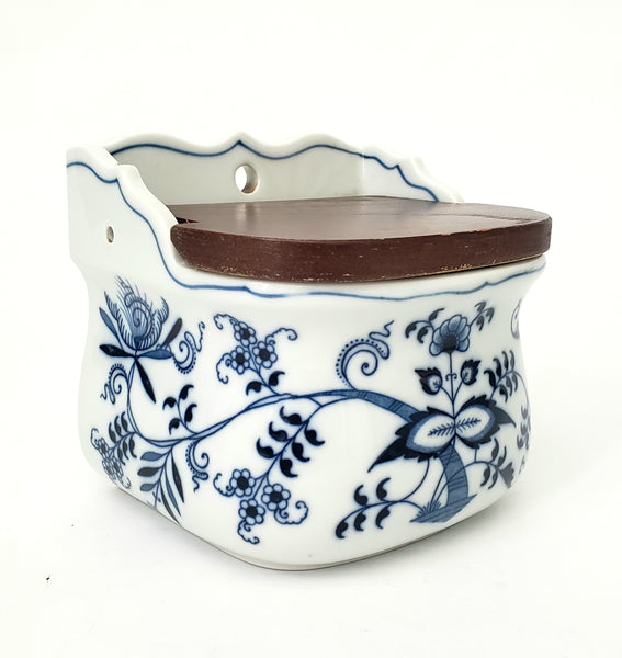 Vintage BLUE DANUBE Porcelain Salt Box Wooden Lid Script Ribbon Banner Mark
