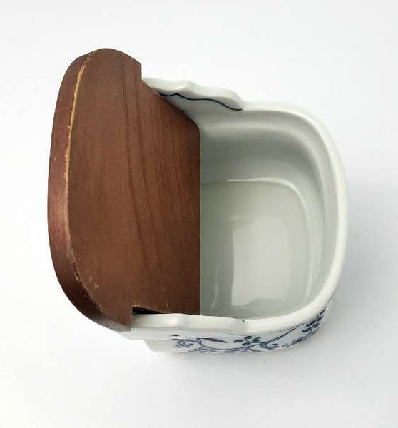 Vintage BLUE DANUBE Porcelain Salt Box Wooden Lid Script Ribbon Banner Mark