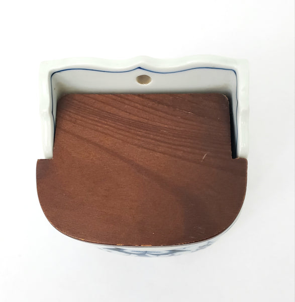 Vintage BLUE DANUBE Porcelain Salt Box Wooden Lid Script Ribbon Banner Mark