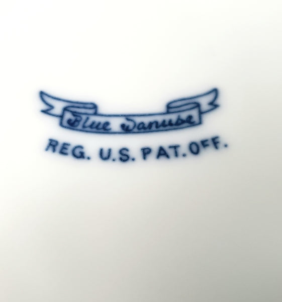 Vintage BLUE DANUBE Porcelain Salt Box Wooden Lid Script Ribbon Banner Mark