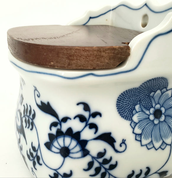 Vintage BLUE DANUBE Porcelain Salt Box Wooden Lid Script Ribbon Banner Mark