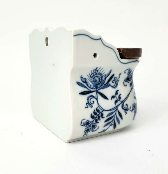 Vintage BLUE DANUBE Porcelain Salt Box Wooden Lid Script Ribbon Banner Mark