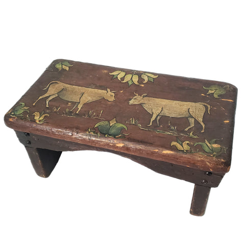 Folk Art Hand Painted Wooden Foot Stool Cricket Stool Cows & Tulips Signed
