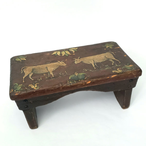 Folk Art Hand Painted Wooden Foot Stool Cricket Stool Cows & Tulips Signed