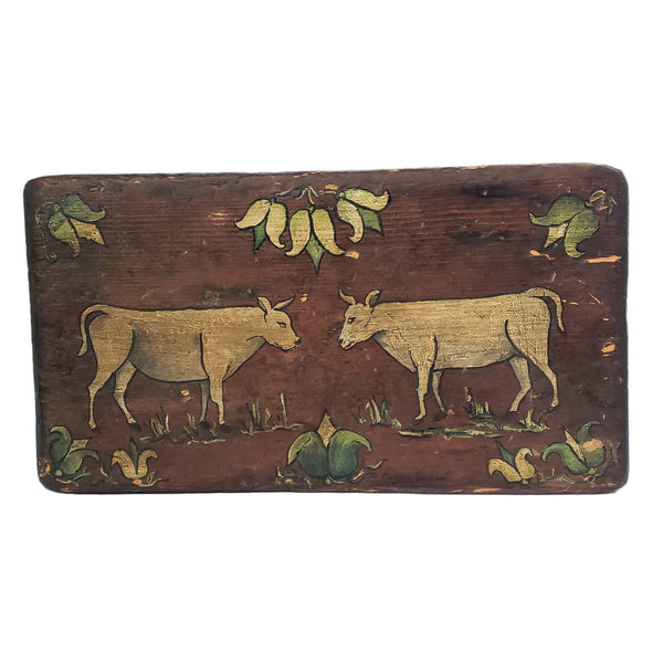 Folk Art Hand Painted Wooden Foot Stool Cricket Stool Cows & Tulips Signed