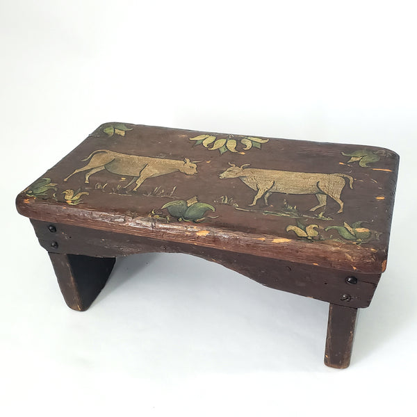 Folk Art Hand Painted Wooden Foot Stool Cricket Stool Cows & Tulips Signed