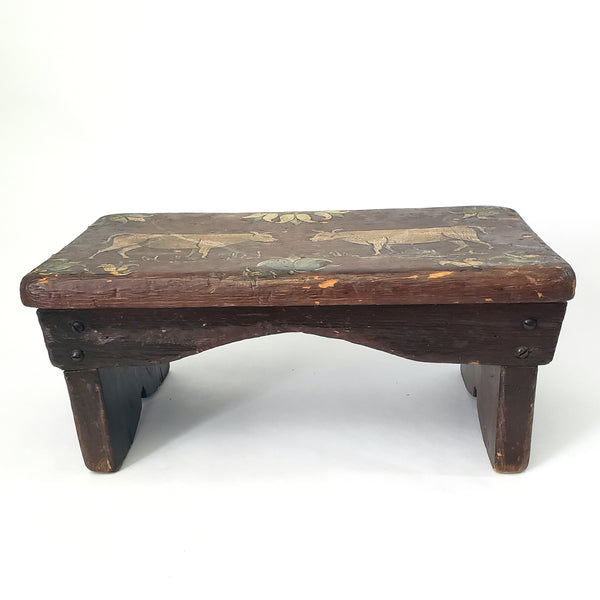 Folk Art Hand Painted Wooden Foot Stool Cricket Stool Cows & Tulips Signed