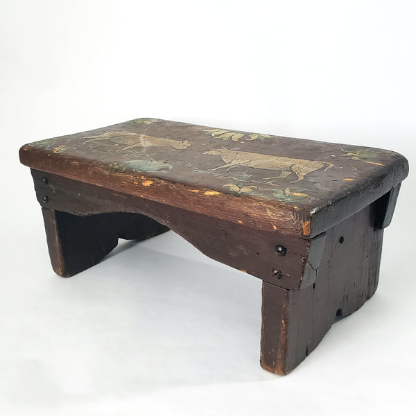 Folk Art Hand Painted Wooden Foot Stool Cricket Stool Cows & Tulips Signed