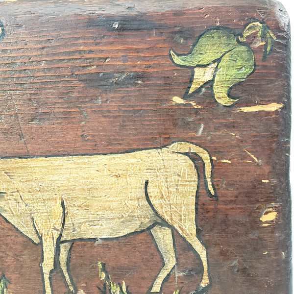 Folk Art Hand Painted Wooden Foot Stool Cricket Stool Cows & Tulips Signed