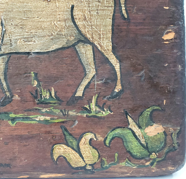 Folk Art Hand Painted Wooden Foot Stool Cricket Stool Cows & Tulips Signed