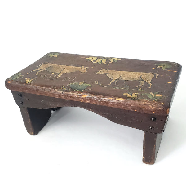 Folk Art Hand Painted Wooden Foot Stool Cricket Stool Cows & Tulips Signed