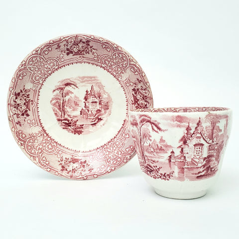 Antique Red Transferware Ironstone Handleless Cup & Saucer ROSELLE J. Meir & Son