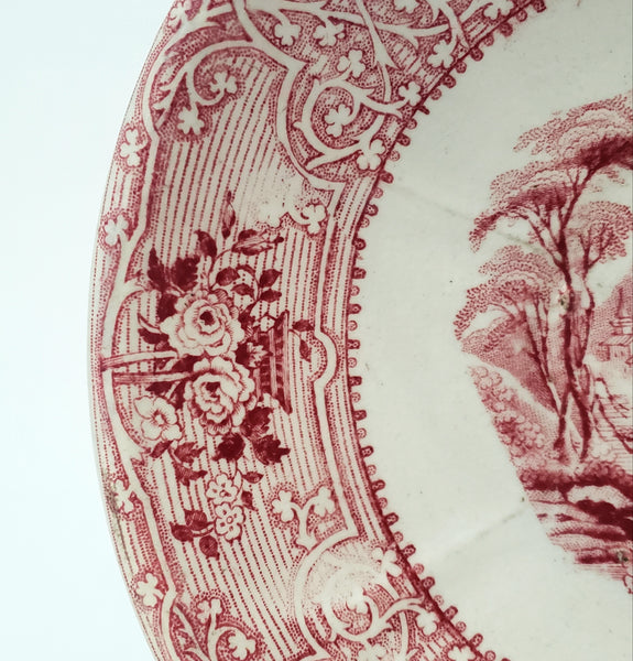 Antique Red Transferware Ironstone Handleless Cup & Saucer ROSELLE J. Meir & Son