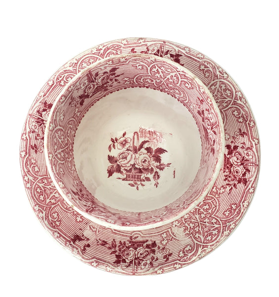 Antique Red Transferware Ironstone Handleless Cup & Saucer ROSELLE J. Meir & Son