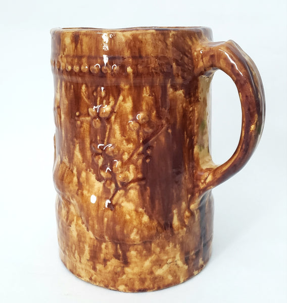 Antique Yellow Ware Pitcher Peacock & Foliage Rockingham Glaze 2 1/2 Quart