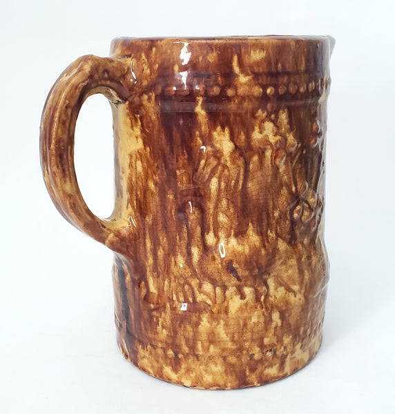 Antique Yellow Ware Pitcher Peacock & Foliage Rockingham Glaze 2 1/2 Quart