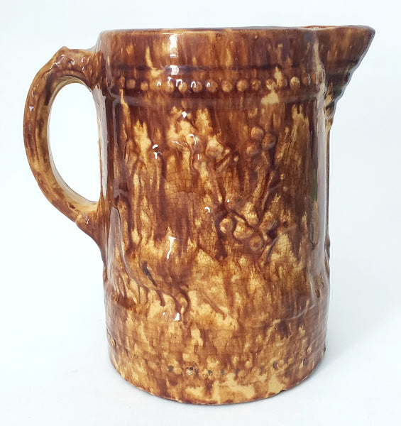 Antique Yellow Ware Pitcher Peacock & Foliage Rockingham Glaze 2 1/2 Quart