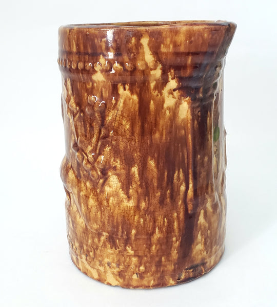 Antique Yellow Ware Pitcher Peacock & Foliage Rockingham Glaze 2 1/2 Quart