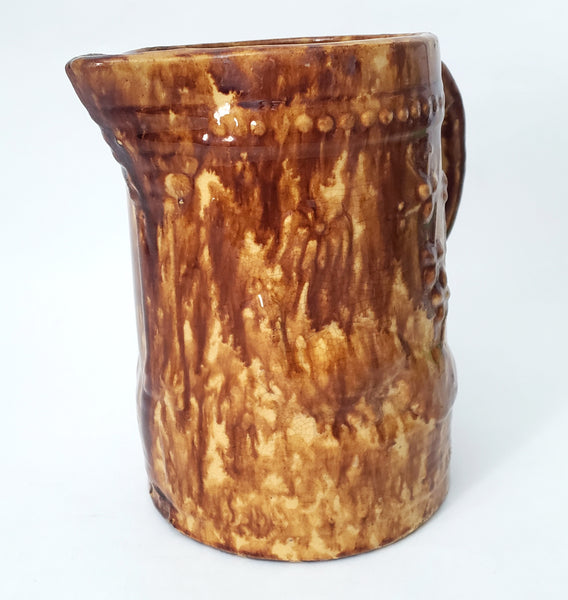Antique Yellow Ware Pitcher Peacock & Foliage Rockingham Glaze 2 1/2 Quart