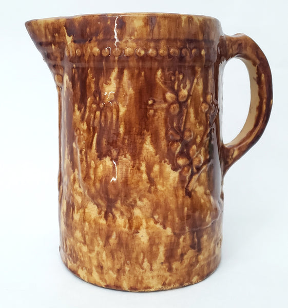 Antique Yellow Ware Pitcher Peacock & Foliage Rockingham Glaze 2 1/2 Quart