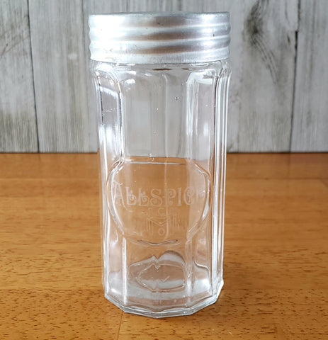 Vintage Glass Etched Allspice Jar Aluminum Lid 12 Paneled