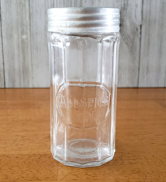 Vintage Glass Etched Allspice Jar Aluminum Lid 12 Paneled
