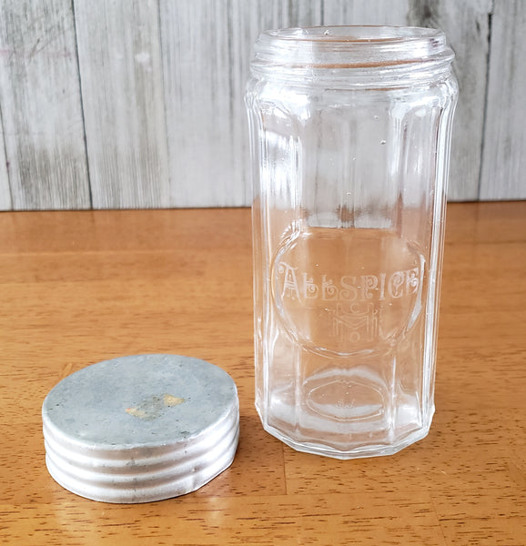 Vintage Glass Etched Allspice Jar Aluminum Lid 12 Paneled