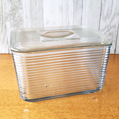 Vintage Rectangular Ribbed Glass Refrigerator Storage Dish & Lid 